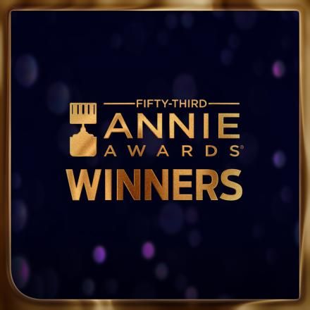 An abstract background with a gold frame and gold Annie Awards logo in the centre. 