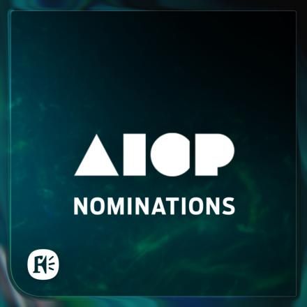 Teal abstract background with bold white “AICP NOMINATIONS” text and small circular logo in lower-left corner.