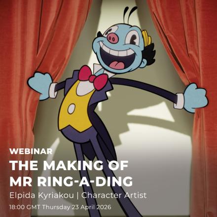 A still from Doctor Who showing the cartoon character Mr Ring-a-Ding in front of some curtains. 