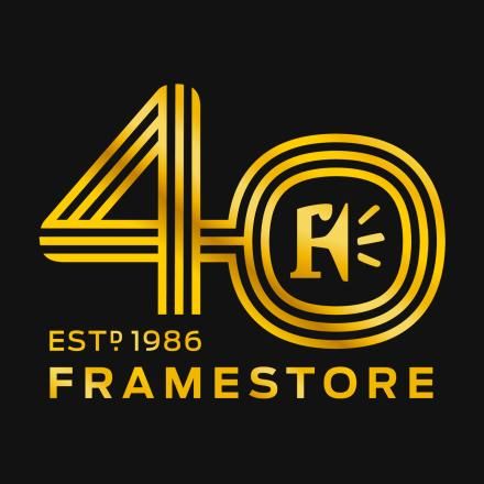 The gold Framestore 40th anniversary logo on a black background.