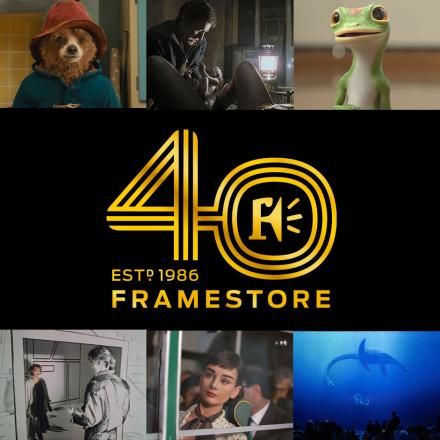 A collage of Framestore projects with the gold Framestore 40th anniversary logo in the centre.