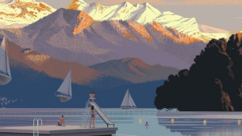 An animated environment, showing a lake surrounded by mountains