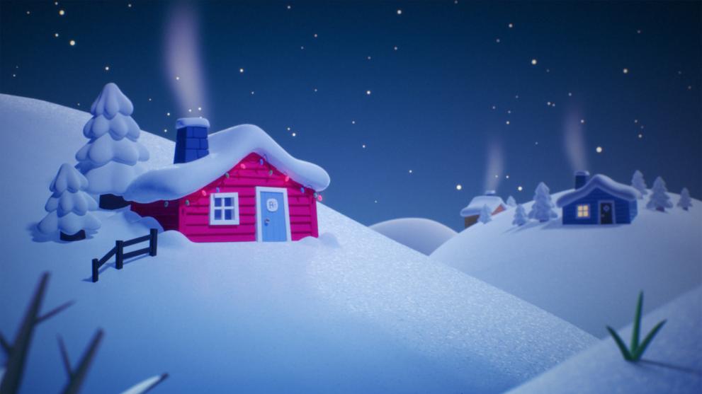 A cartoon cottage on a snowy hill, there are christmas lights on the outside and a Framestore F on the front door