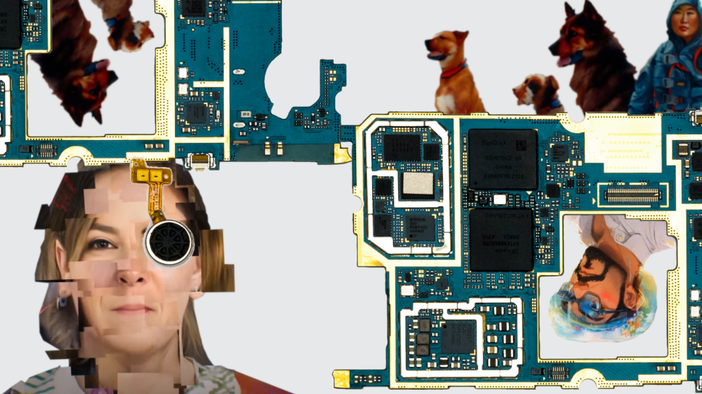 An abstract art piece that look pixelated. There is a woman, a dog and computer parts
