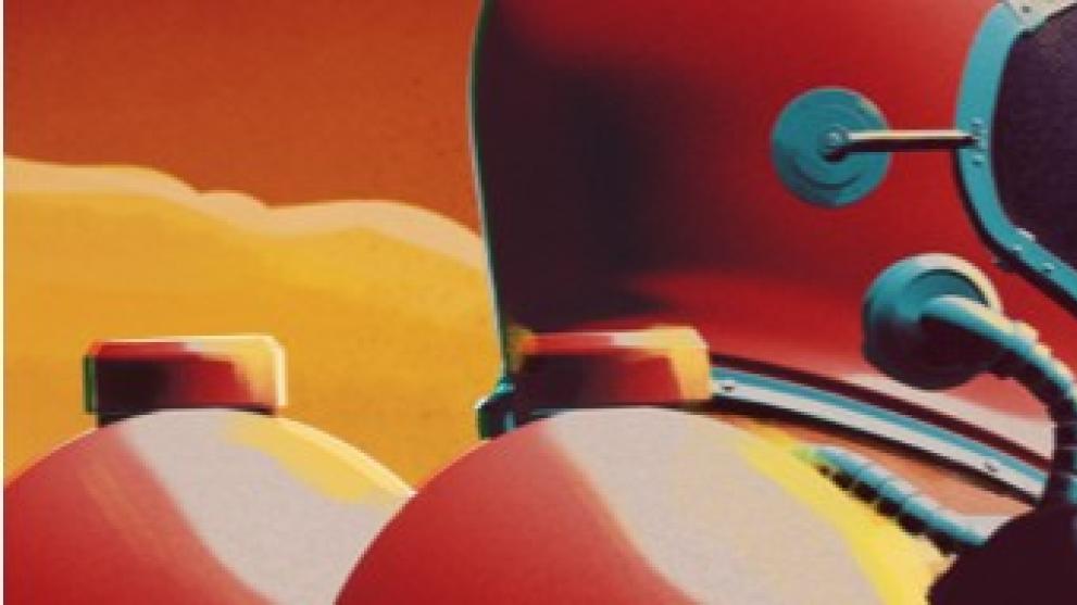 A stylised astronaut against an orange background