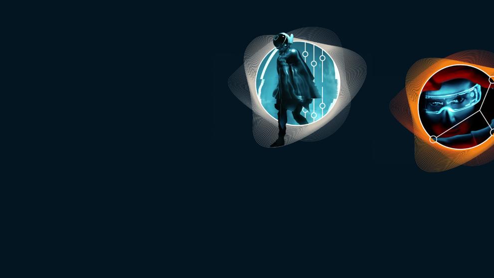 A dark blue background with 2 designs showing line art and people wearing technology.