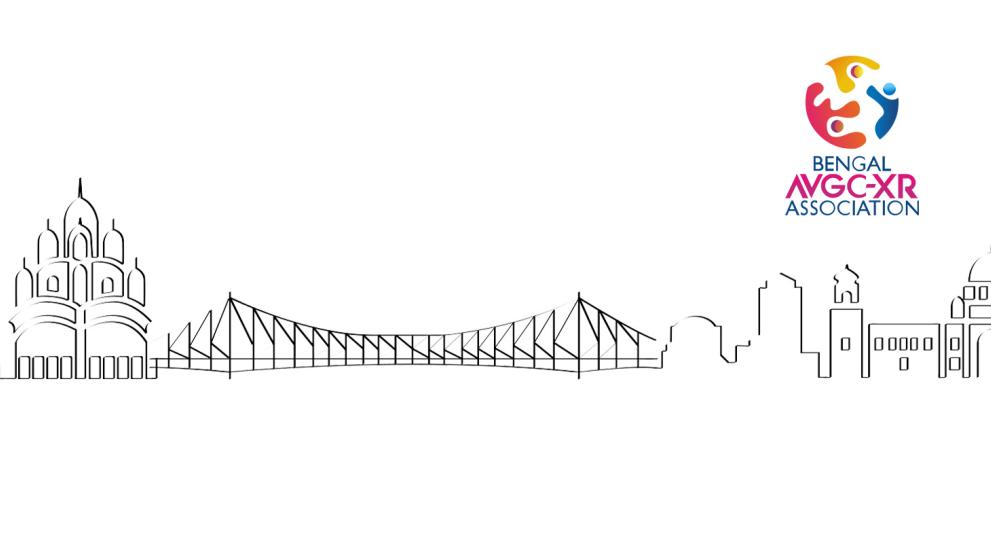 A white background with a line drawing of Kolkata and the Bengal AVGC-XR Association Logo.