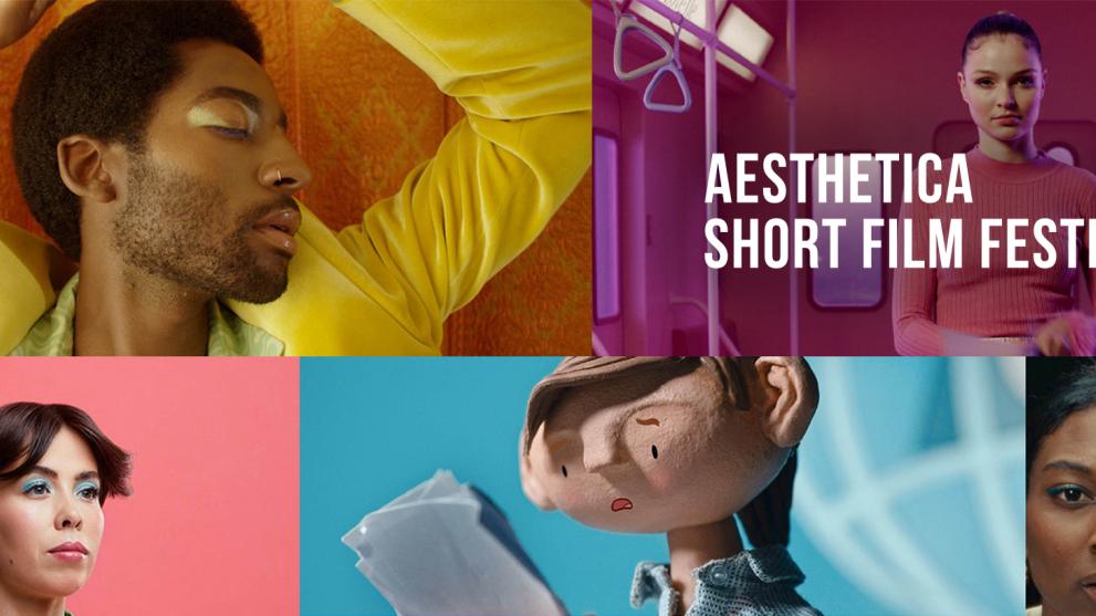A collage of brightly coloured images of people, animated characters ect with the Aesthetica logo towards the right hand side.