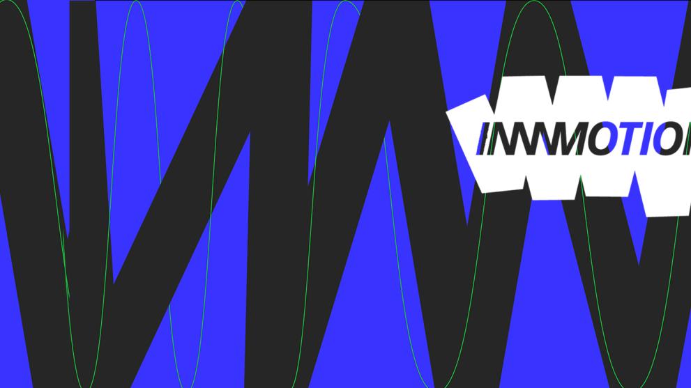 A white InMotion logo over the top of a blue background with black stripes across it.