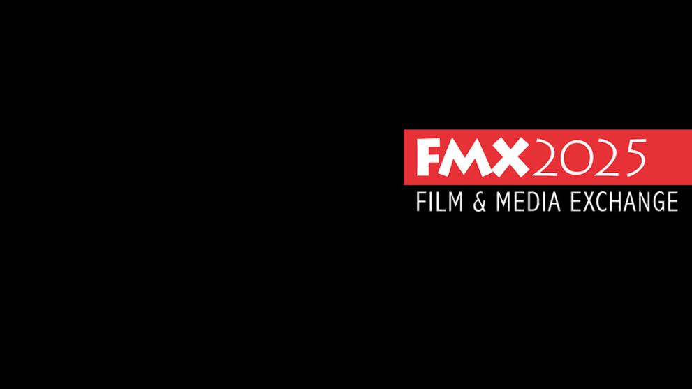 A black background with the VFX conference FMX logo in red and white to the right hand side. 