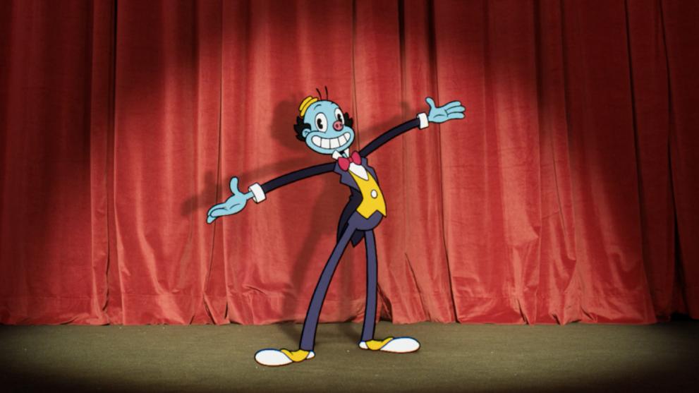 2D Animated Mr Ring a Ding from Doctor Who season two in front of a red curtain.