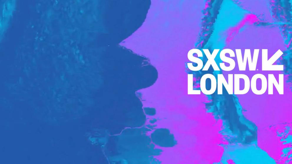 A marbled blue and pink background with the SXSW London logo in white on the right hand side. 