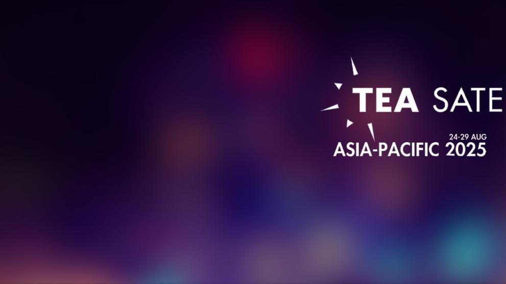 A white TEA SATE Asia Pacific logo on top of a muted multicoloured background.