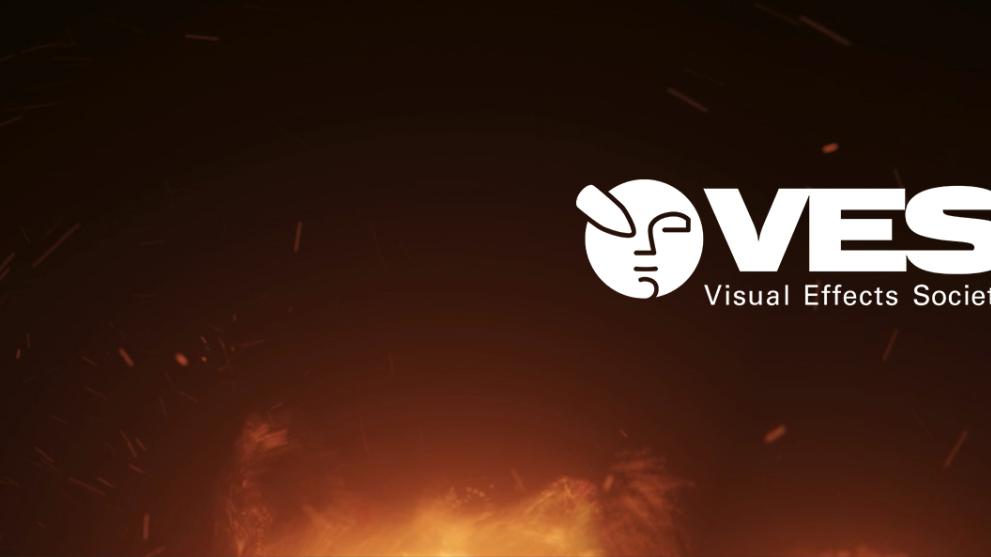 A CG flame and sparks background with a white Visual Effects Society Logo on the right hand side.