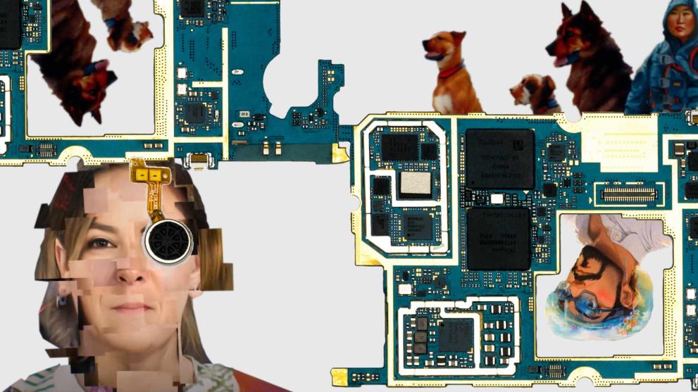 An abstract art piece that look pixelated. There is a woman, a dog and computer parts