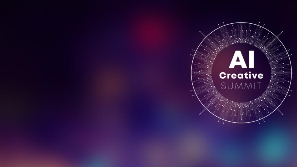 A soft purple and multicoloured background with a white AI Creative Summit logo in the centre.