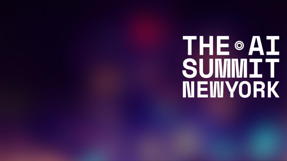 A multicoloured soft background with a white AI Summit New York Logo logo.