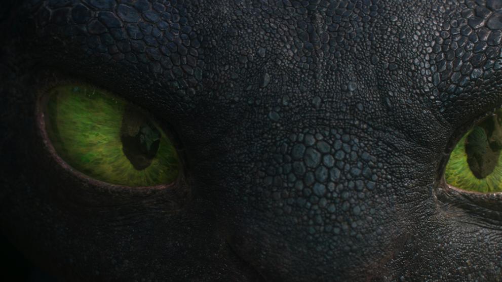 A close up of a detailed photo-real CGI of Toothless from How to Train Your Dragon.