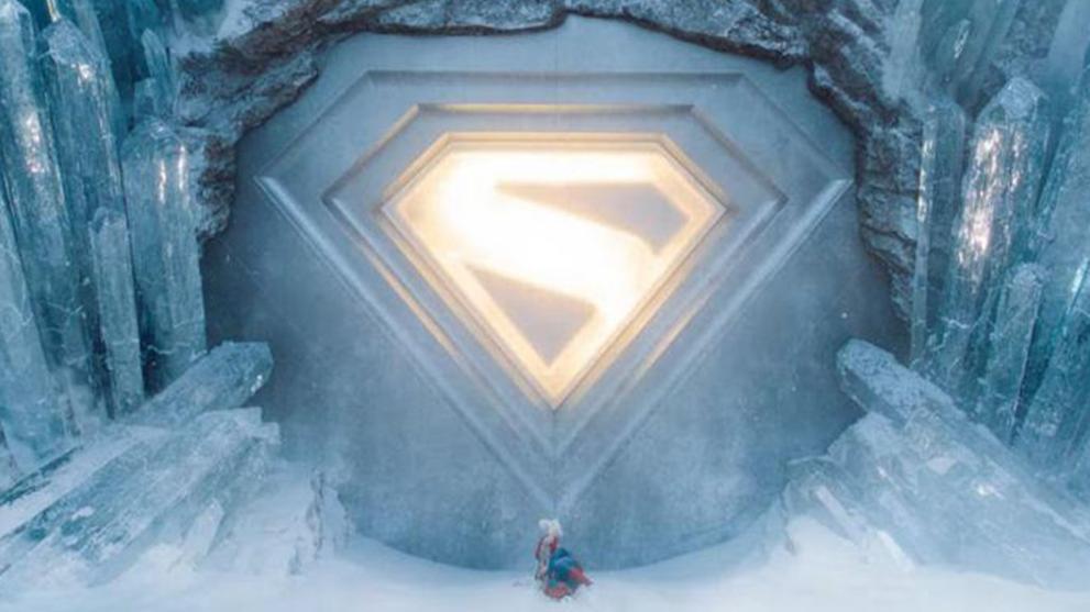 A CG image of Superman's Fortress of Solitude with a fully CGI Krypto the Superdog in front.
