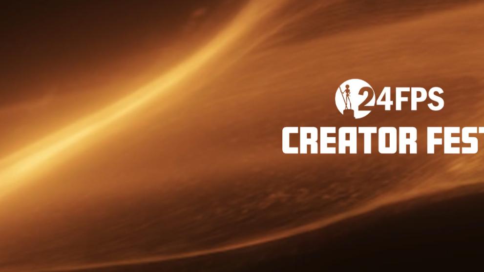 A CGI fire background with a white 24 FPS Creator logo on the left. 