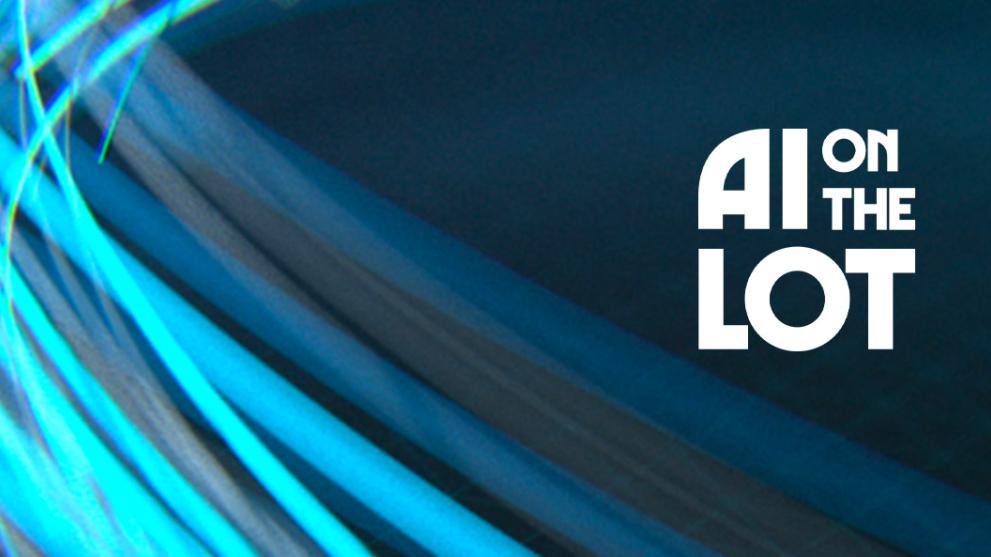 A background of blue light trailer and lines curving across the right hand side with a white AI on the Lot logo in on the left. 