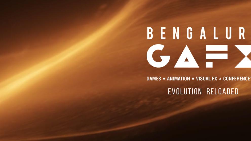 A black background with CG sparks swooping across the image, there is a white Bengaluru GAFX logo in the centre.