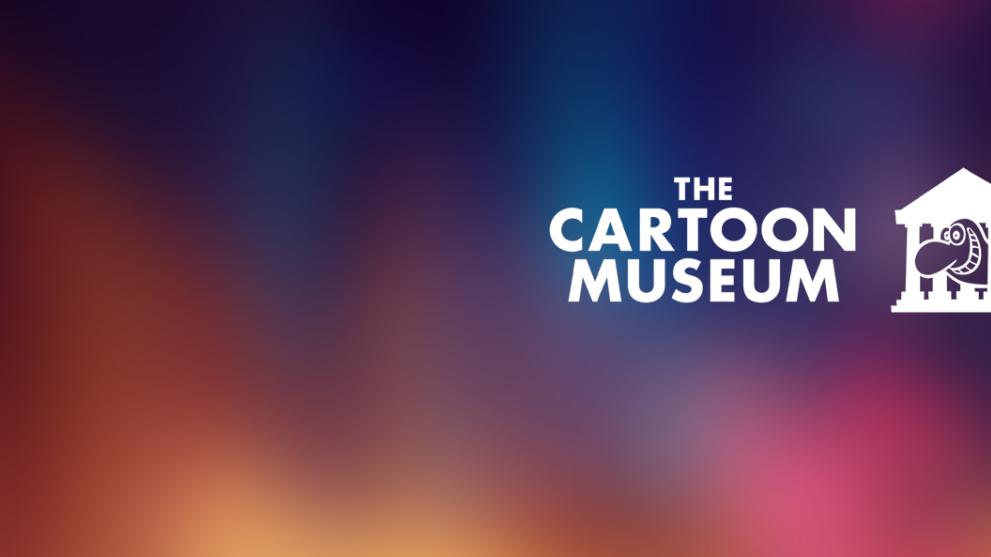 A multicoloured soft background with a white Cartoon Museum logo over the top.