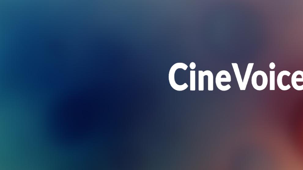 A multicoloured abstract bokeh background with a white CineVoices logo on the left.