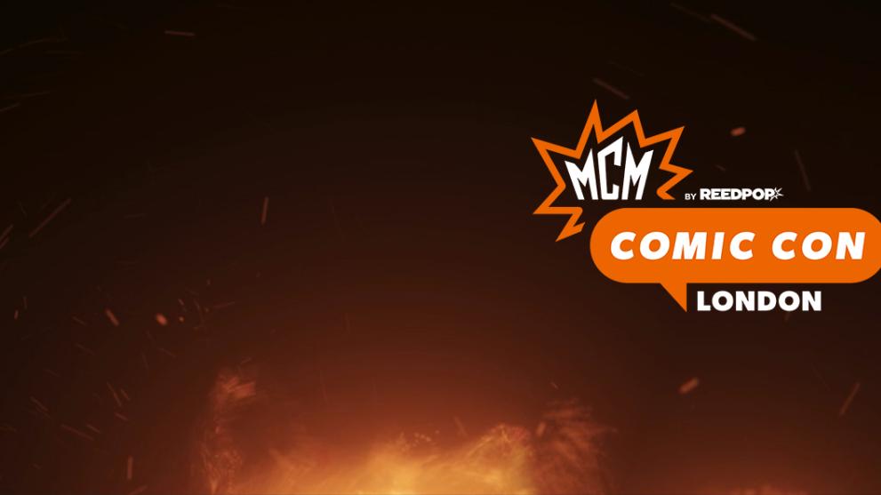 CG fire on a dark background with the Comic Con London logo on the right hand side. 