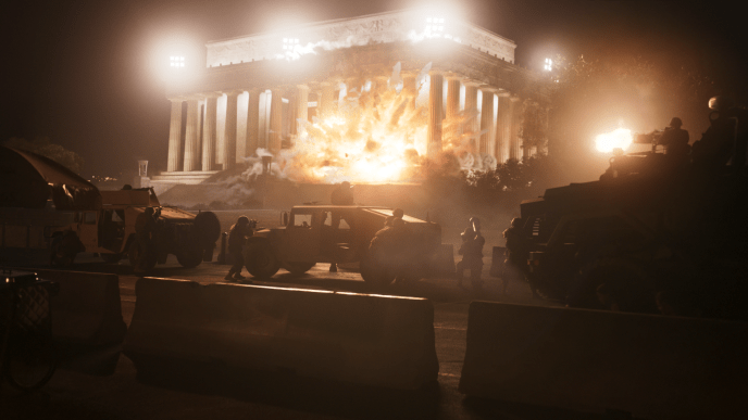 A scene of the Lincoln Memorial blowing up with a army truck in the foreground. 